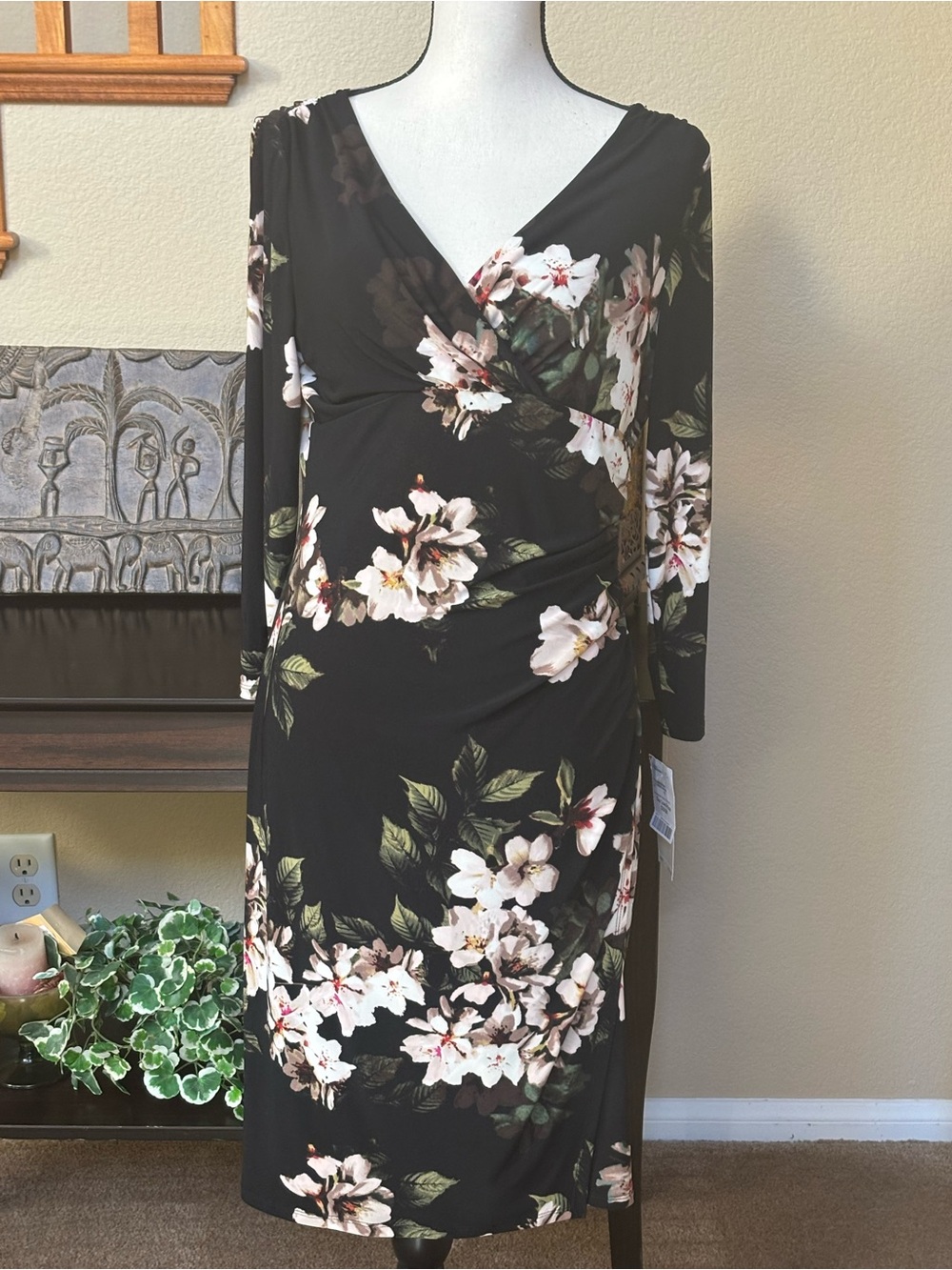 Ralph Lauren Black Floral V-Neck Long Sleeve Midi Dress